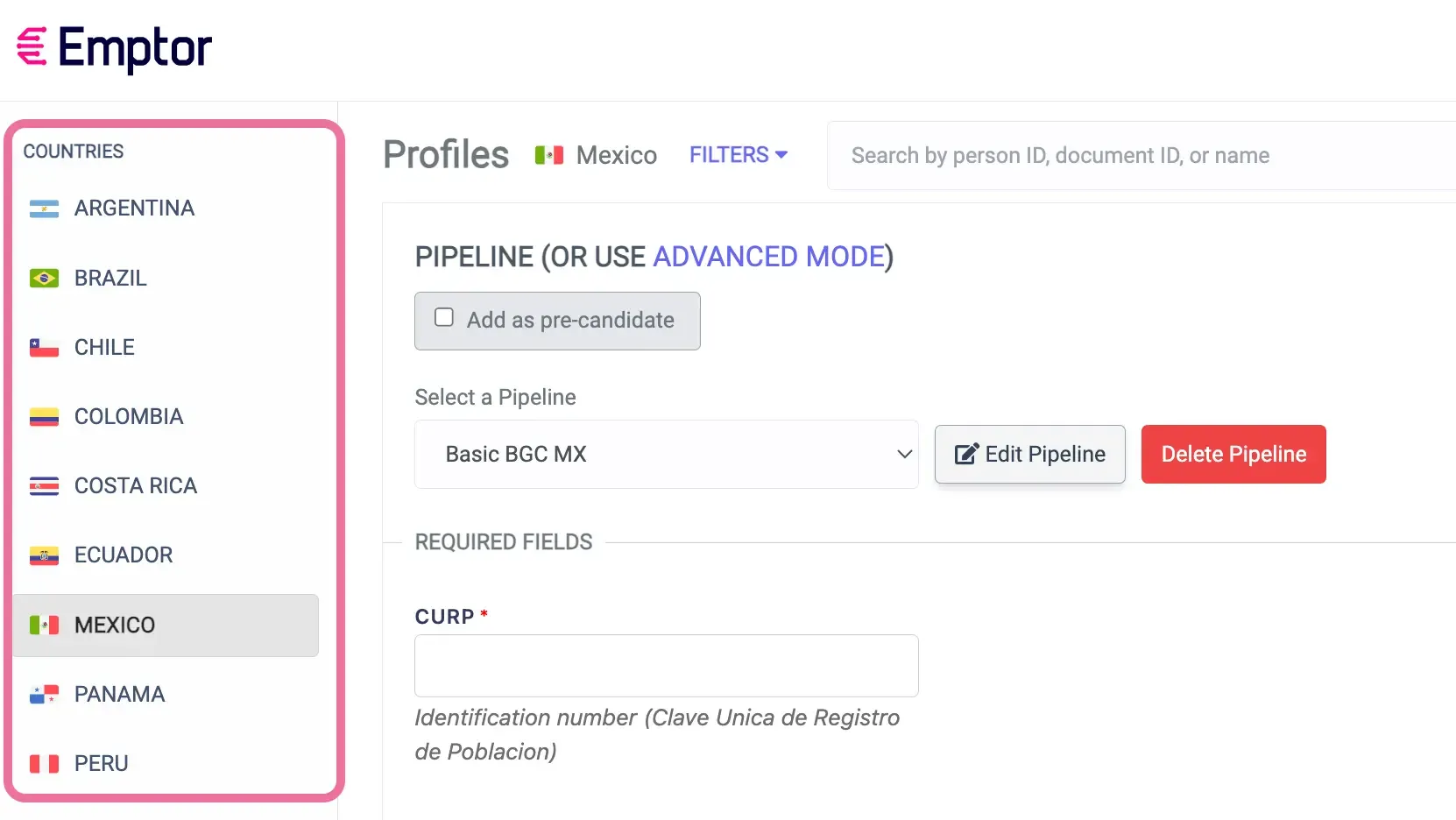 Sidebar interface showing country selection dropdown