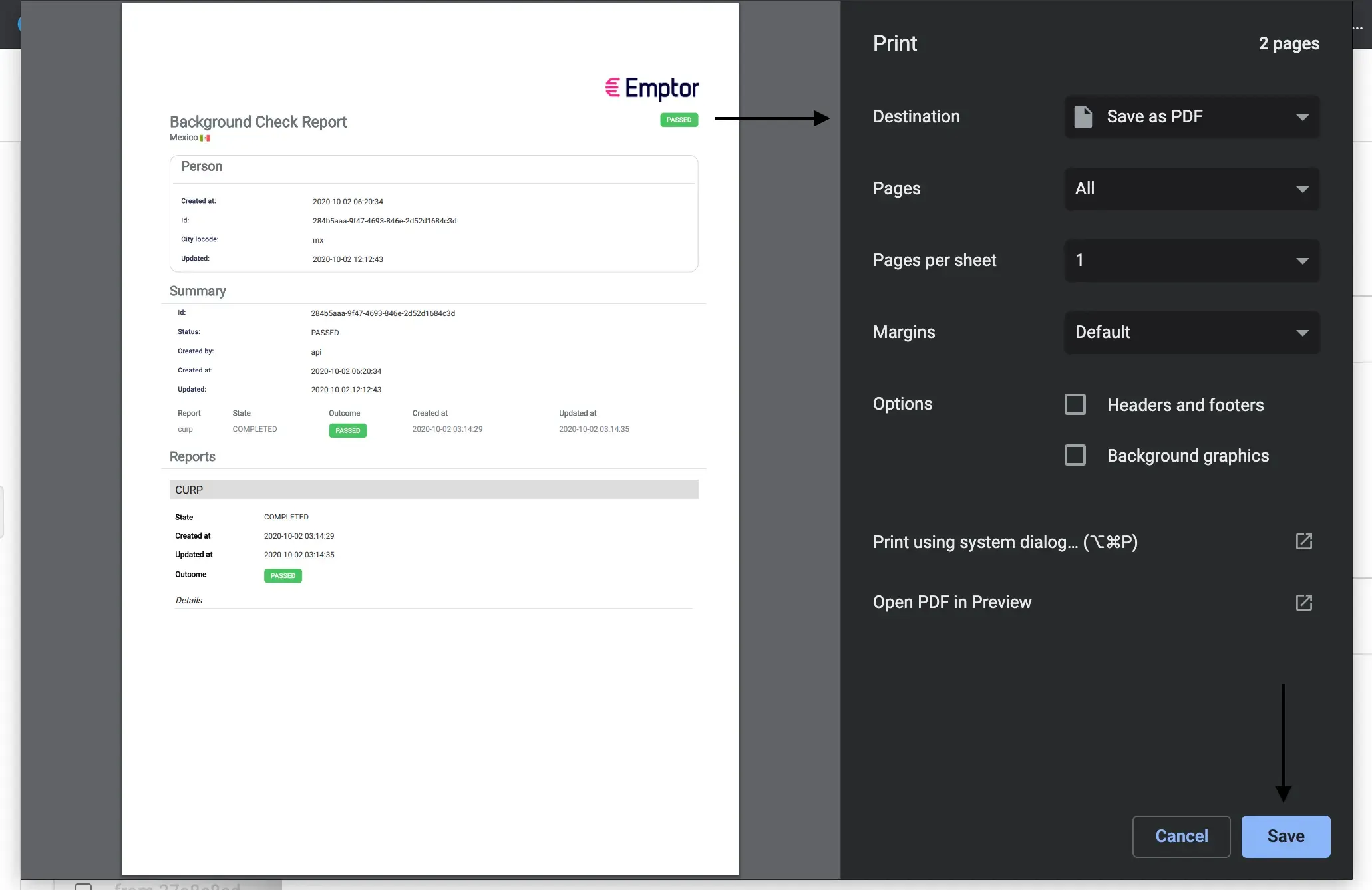 Save as PDF dialog window