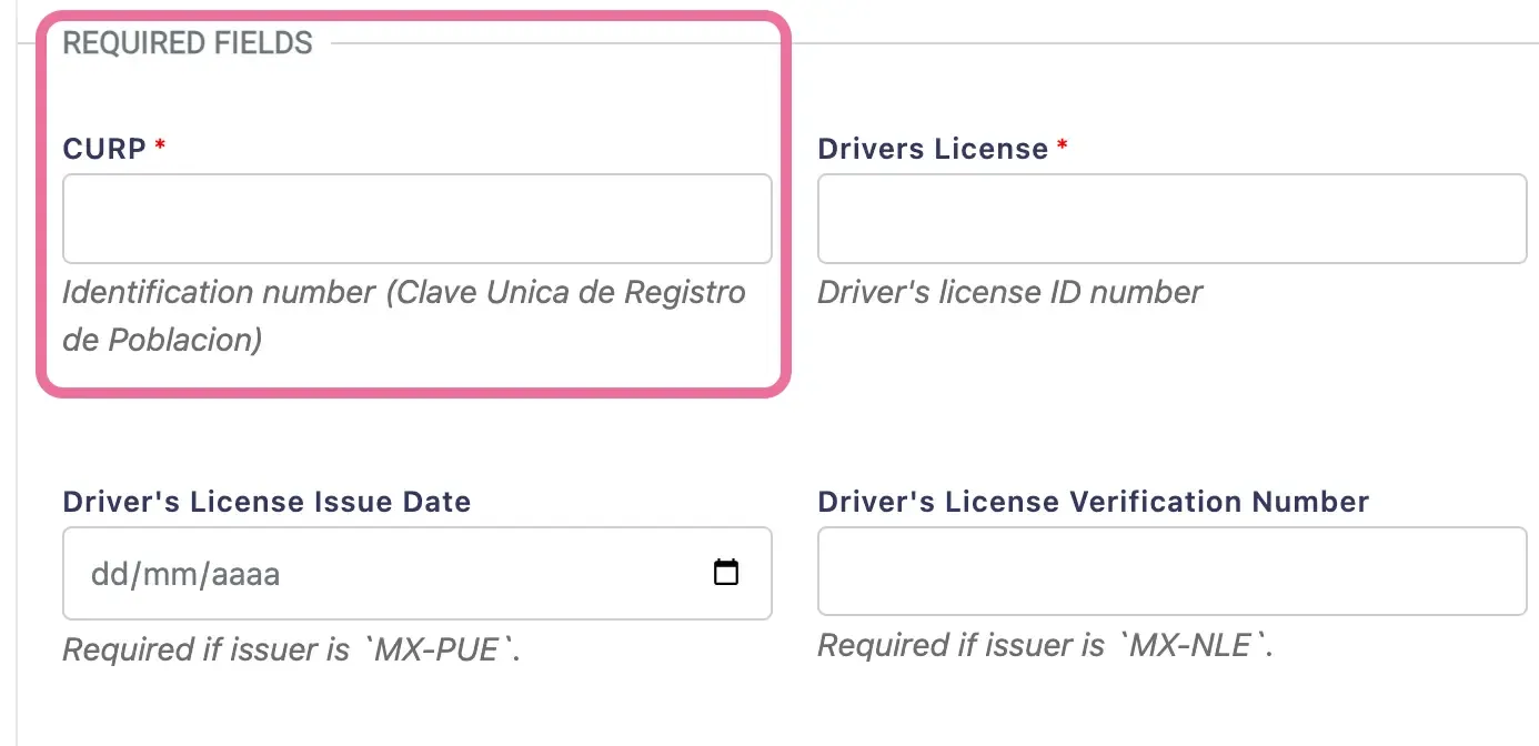 Required data fields form