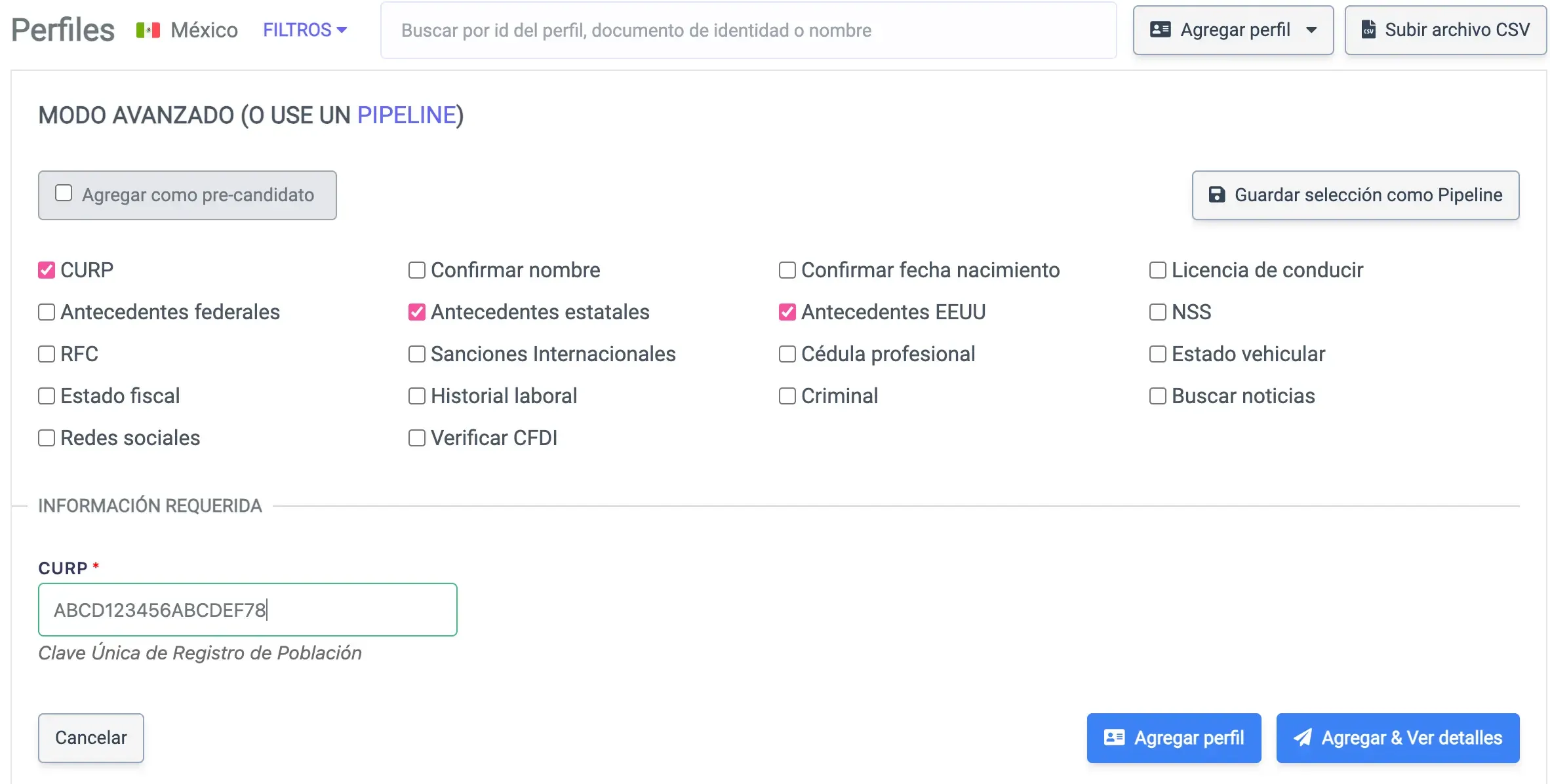 Formulário de entrada do CURP