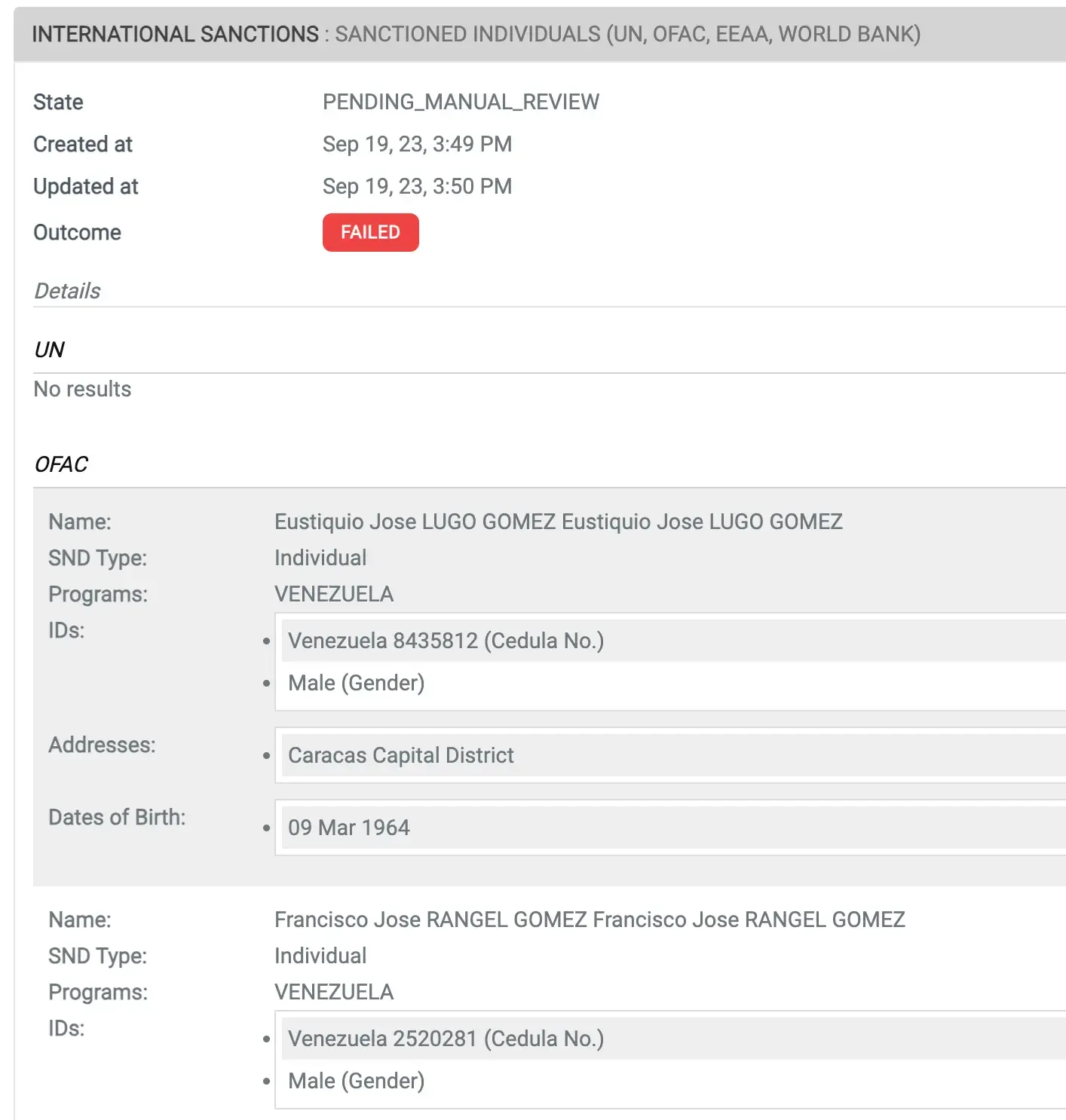 Screenshot of Sanctions report results page displaying matched records and profile information