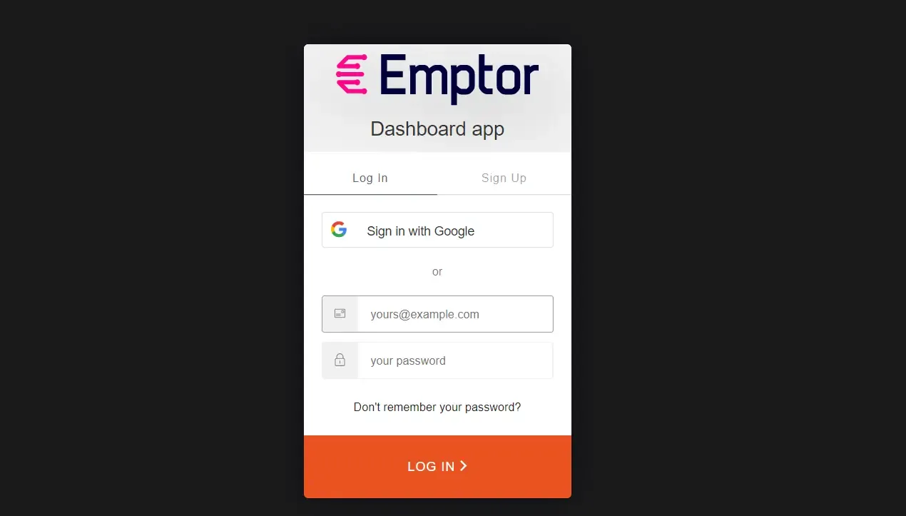 Screenshot of Emptor's Dashboard login page showing email and password fields