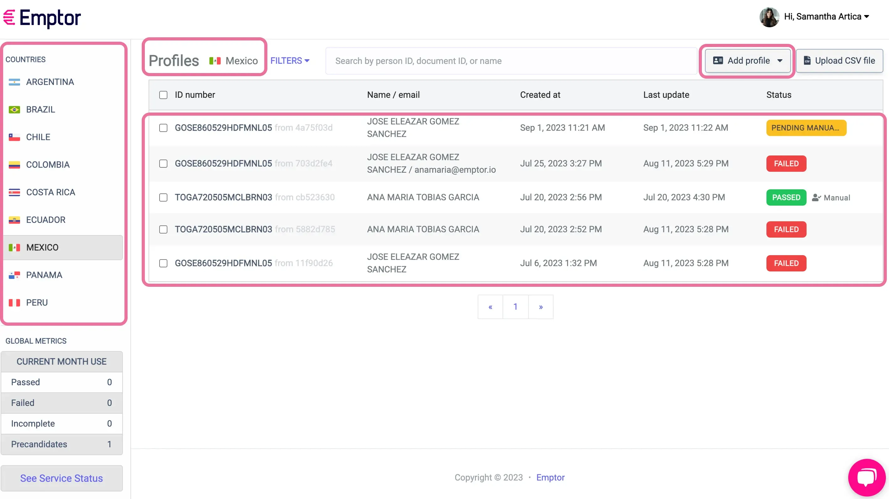 Main Panel showing Countries, created Profiles and add profile button