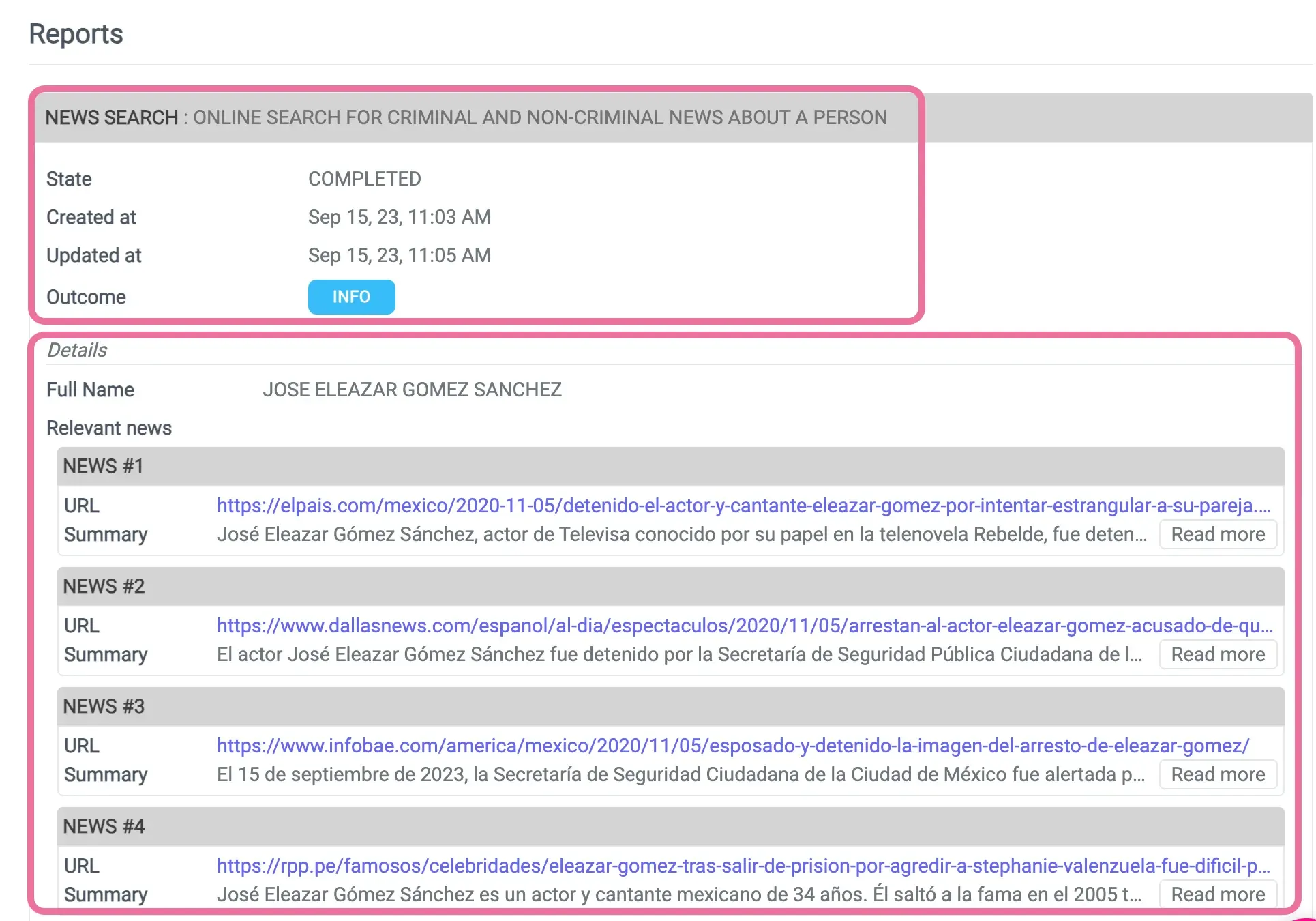 Example of News Search results showing article listings with dates and sources