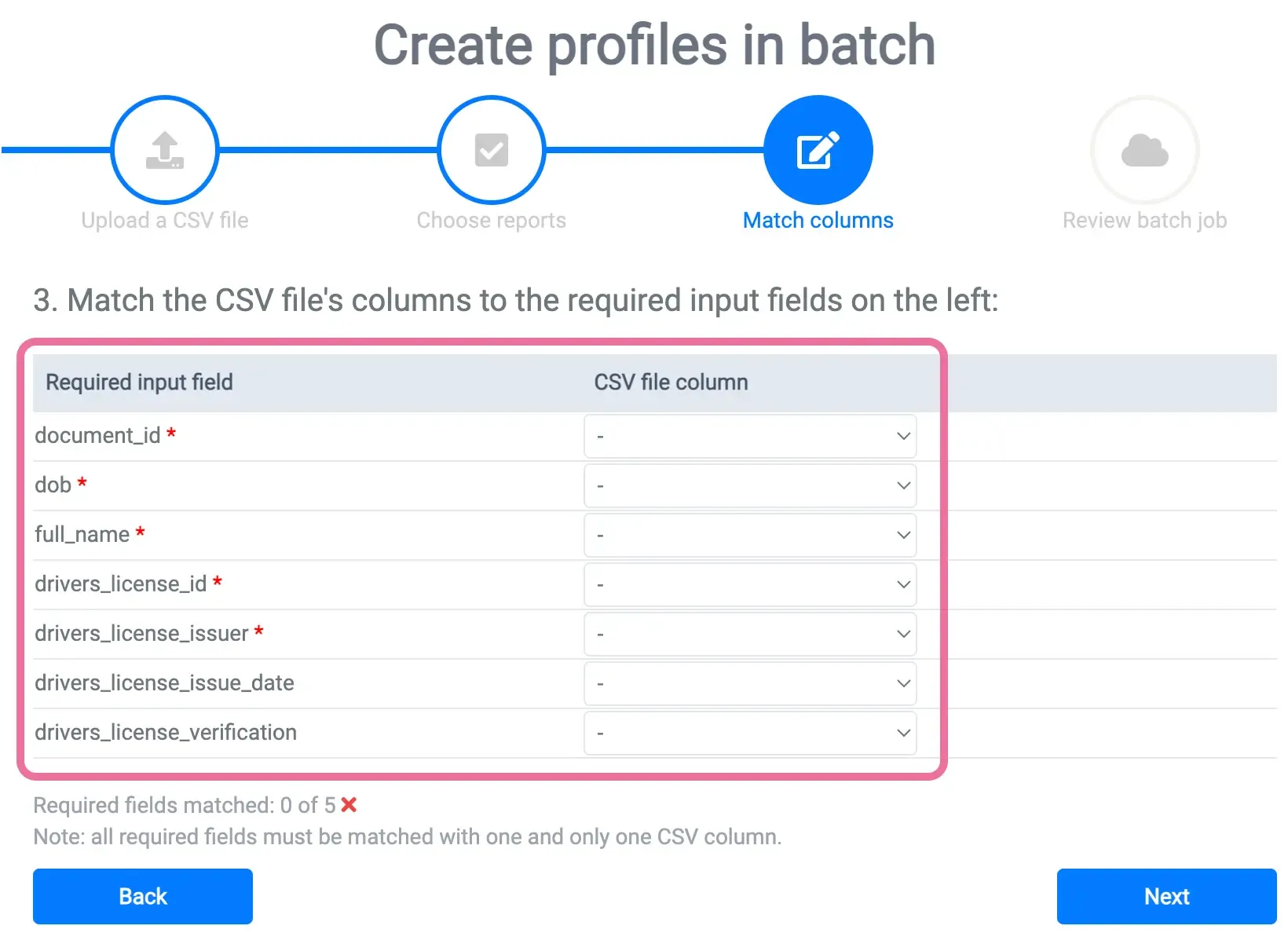 CSV column matching interface