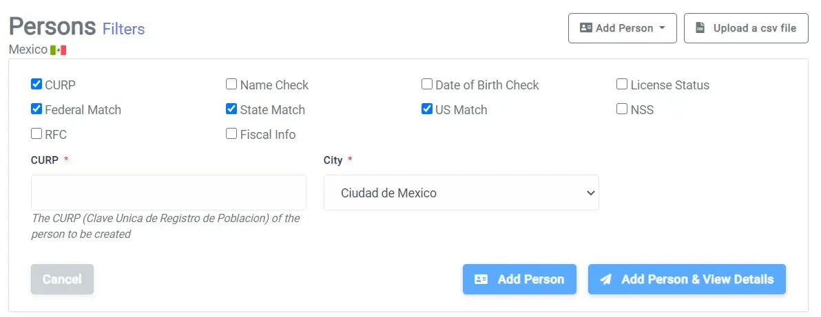 Screenshot showing the Add Person form with CURP, Federal Match, State Match, and US Match reports enabled