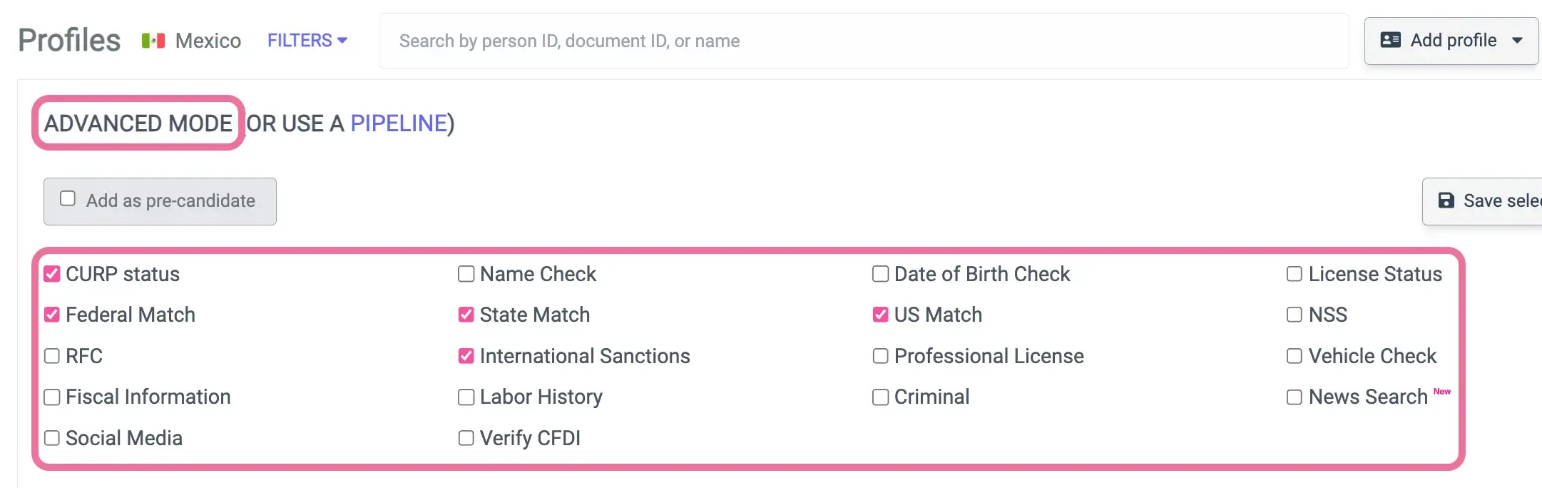 Advanced mode verification selection
