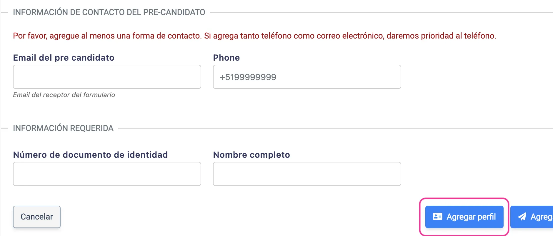 Click agregar perfil screenshot