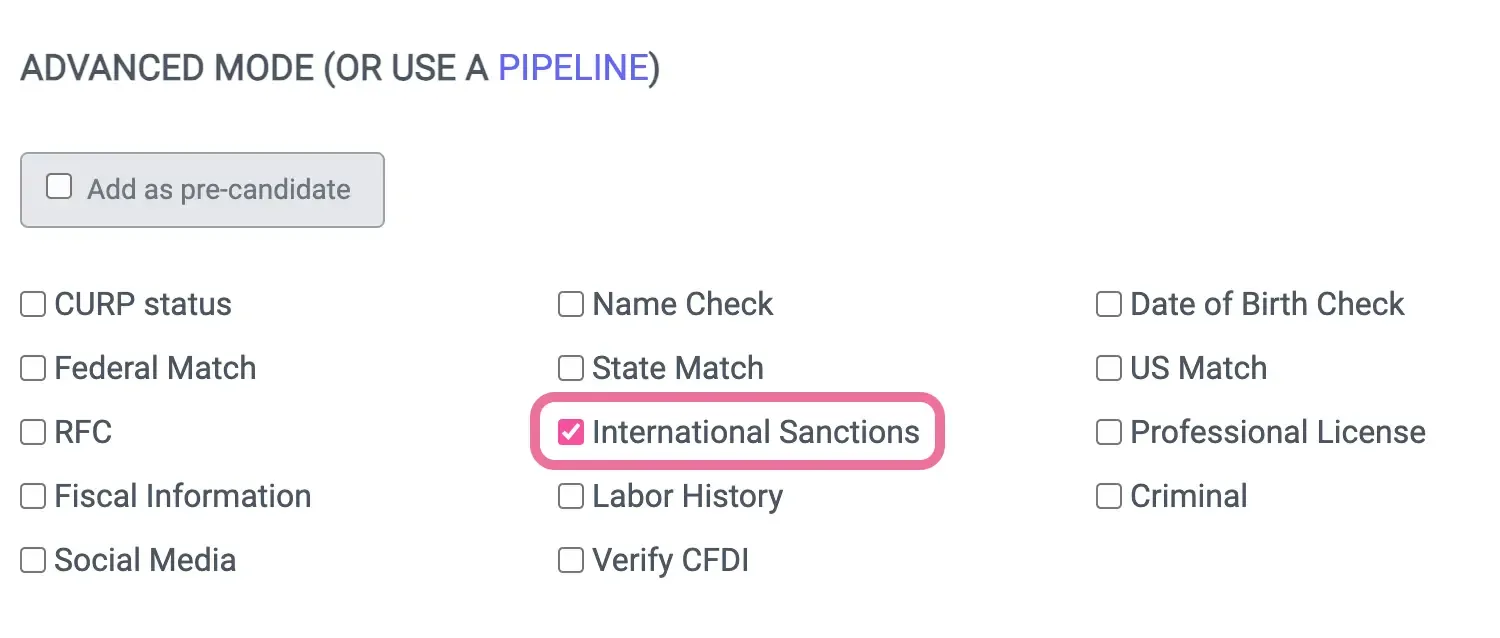 Dashboard screenshot showing how to select the Sanctions report option in Advanced Mode interface