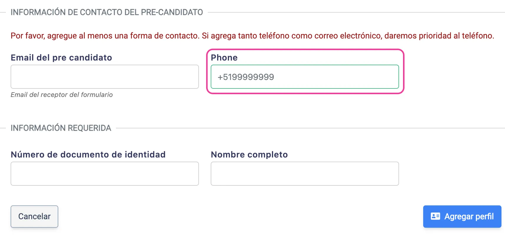 Ingresa telefono candidato screenshot