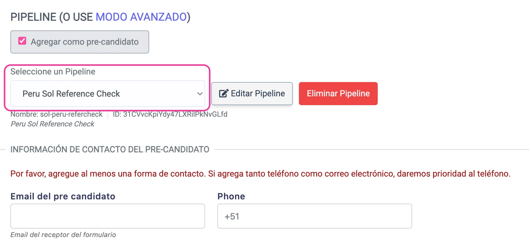 Selecciona pipelina screenshot